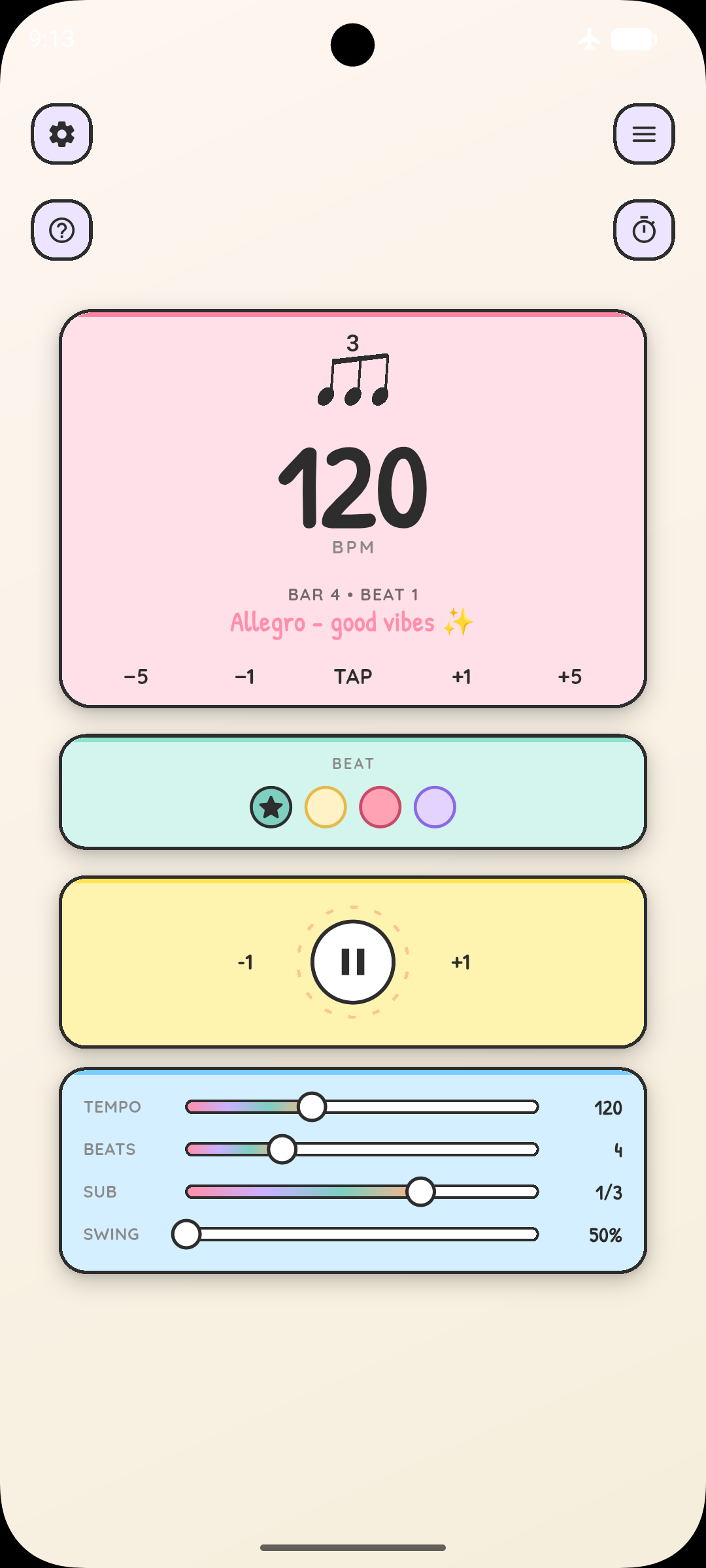 Vibe metronome screenshot in Bento Cute theme